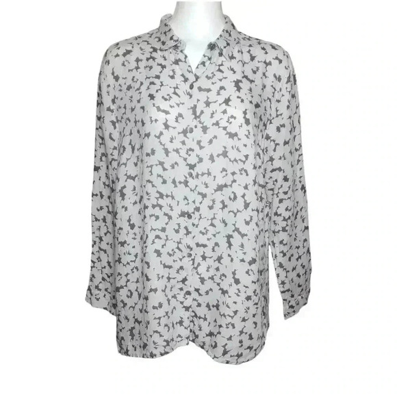 J. Jill Womens Size Large Off-White Gray Floral Love Linen Button Down Shirt - Picture 1 of 8